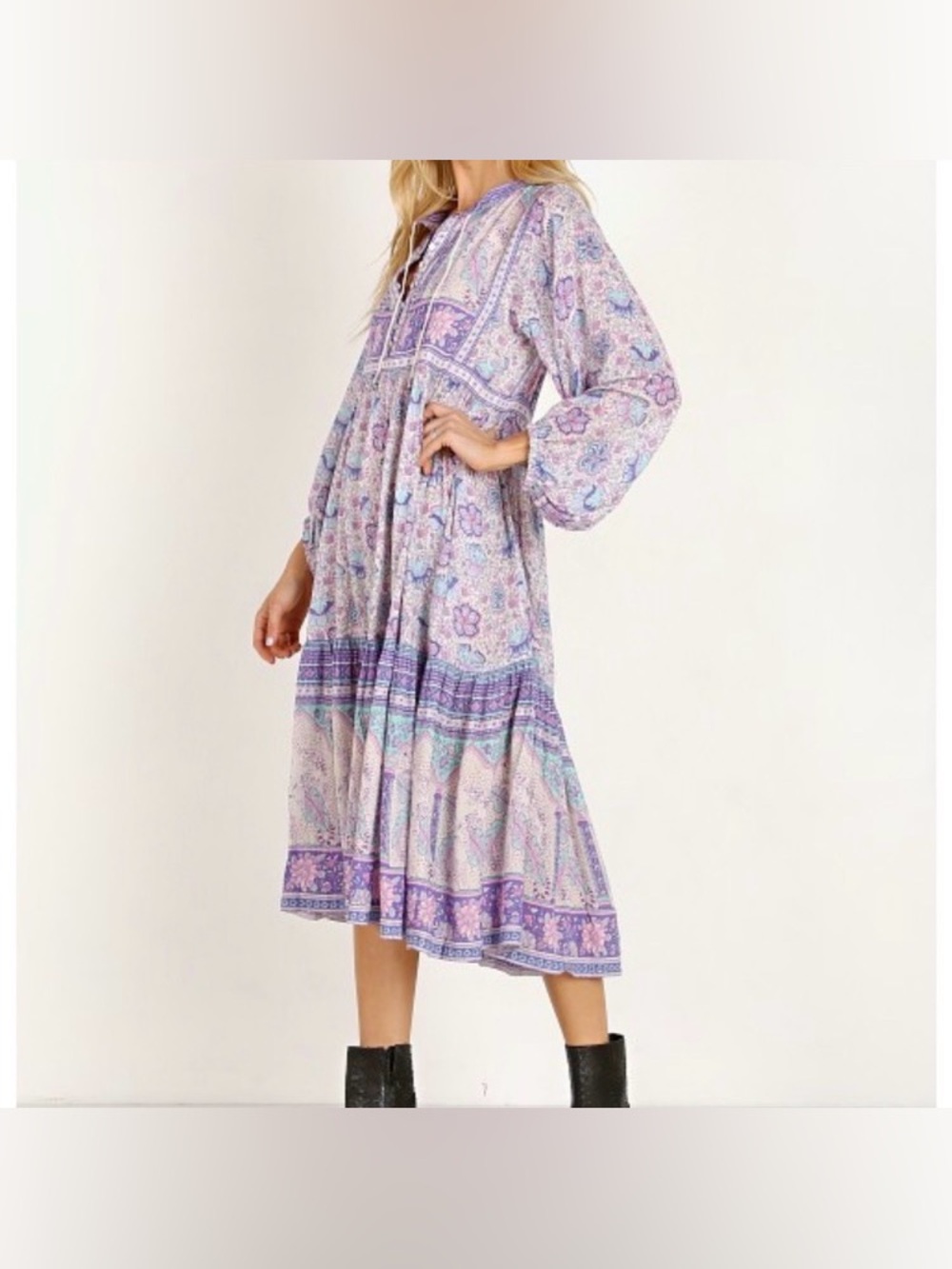 Spell & The Gypsy Poinciana Gown Midi Dress Front Button Neckties Lilac Sz. XXS